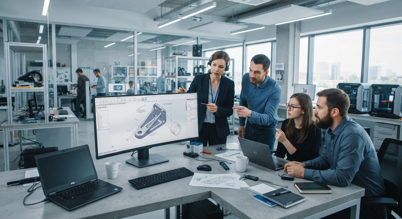Kỹ sư xem xét mô hình CAD trên màn hình lớn