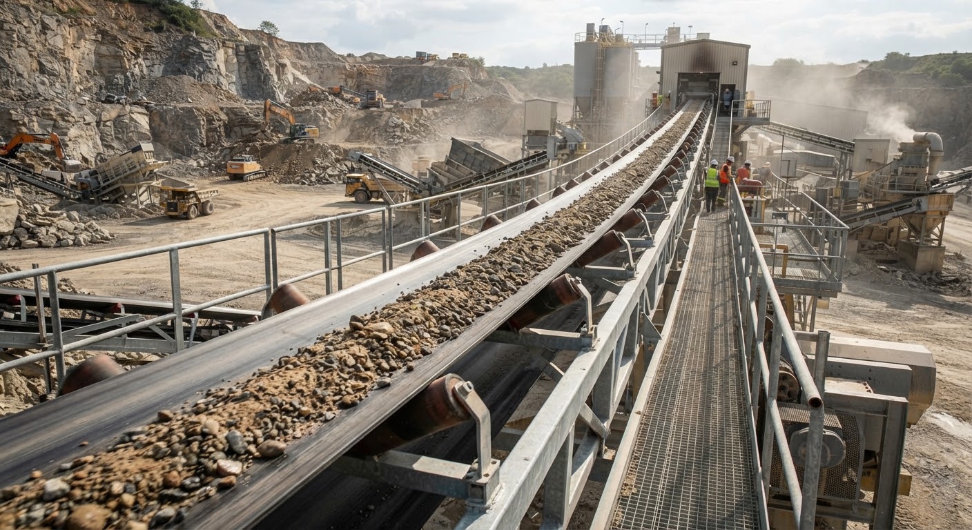 Trough conveyor belt transporting aggregate materials