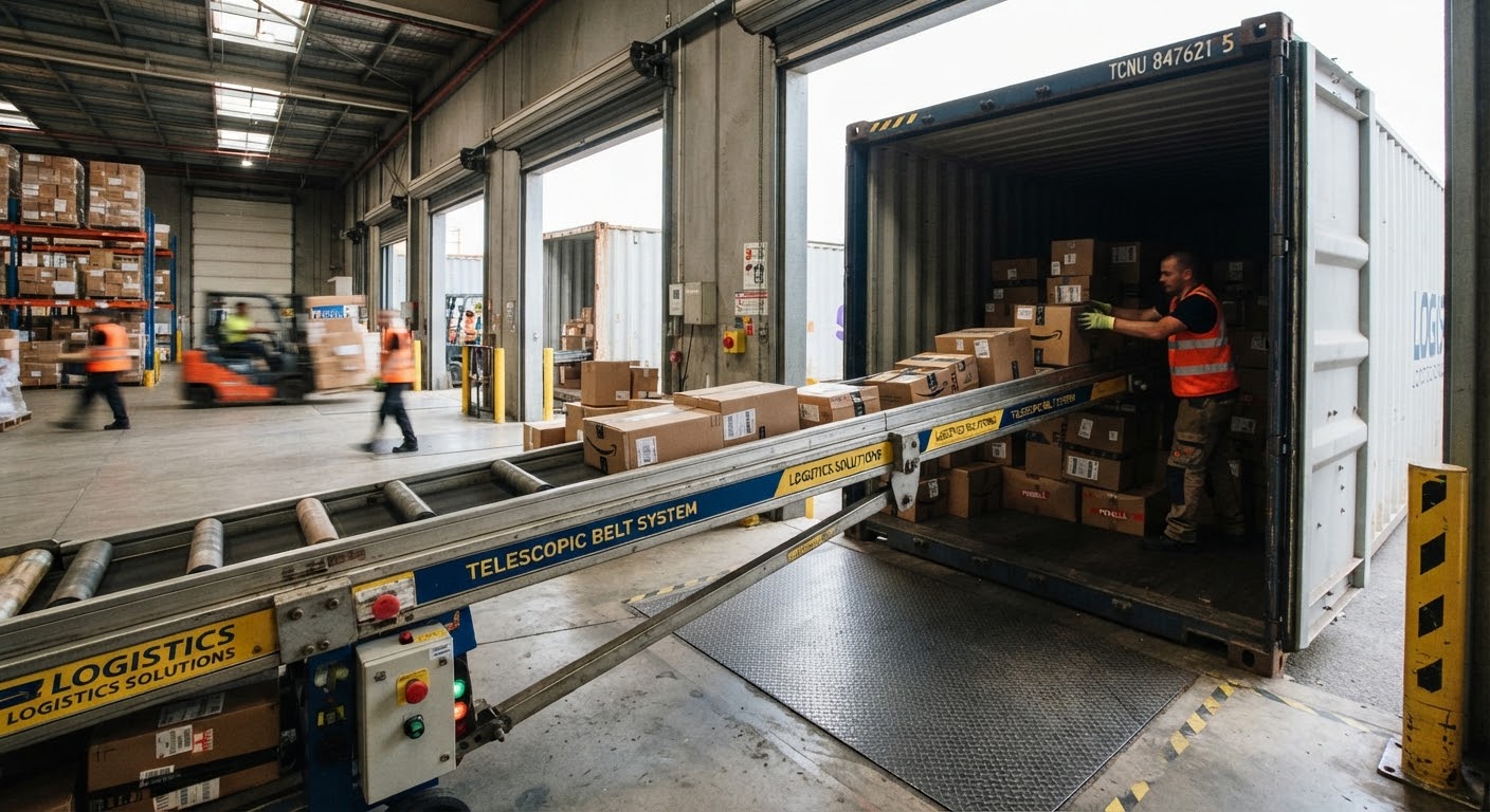 Telescopic conveyor belt extending into a shipping container