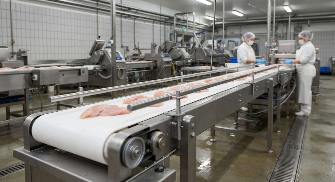 White PU conveyor belt in a food processing plant