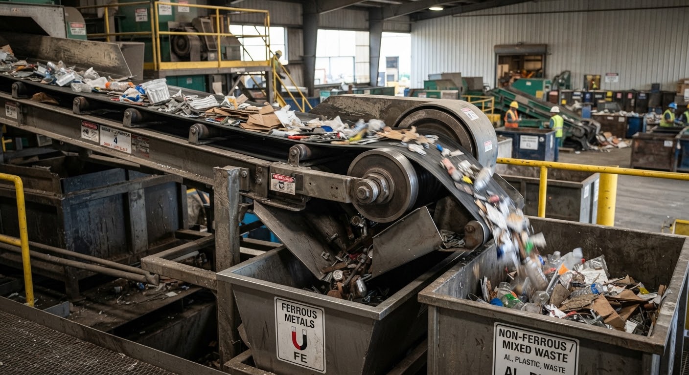 Magnetic conveyor belt separating metals