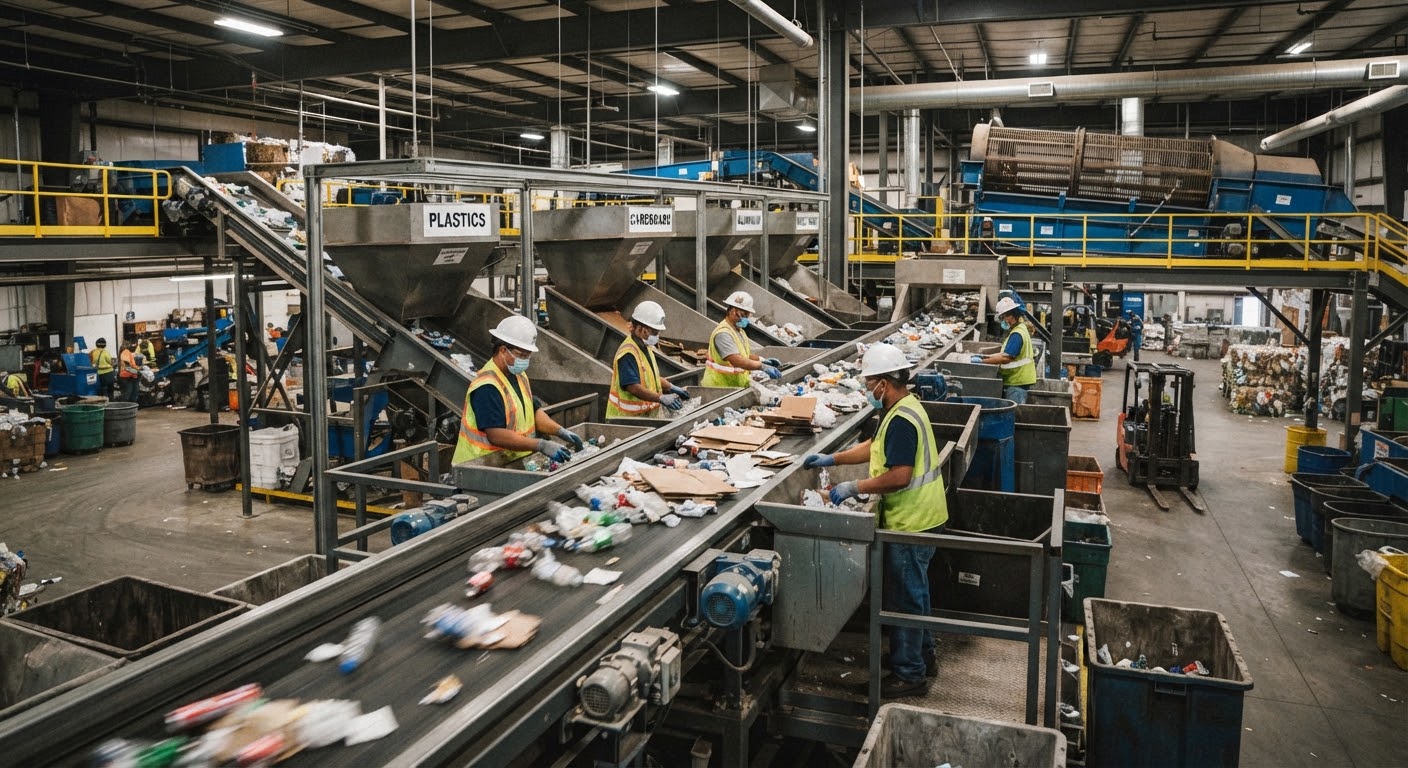 Waste sorting conveyor belt system in recycling plant