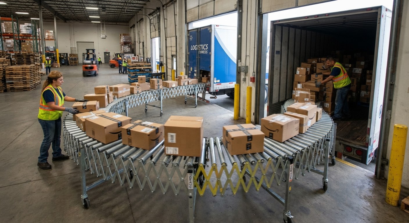 Flexible expanding roller conveyor for warehouse loading