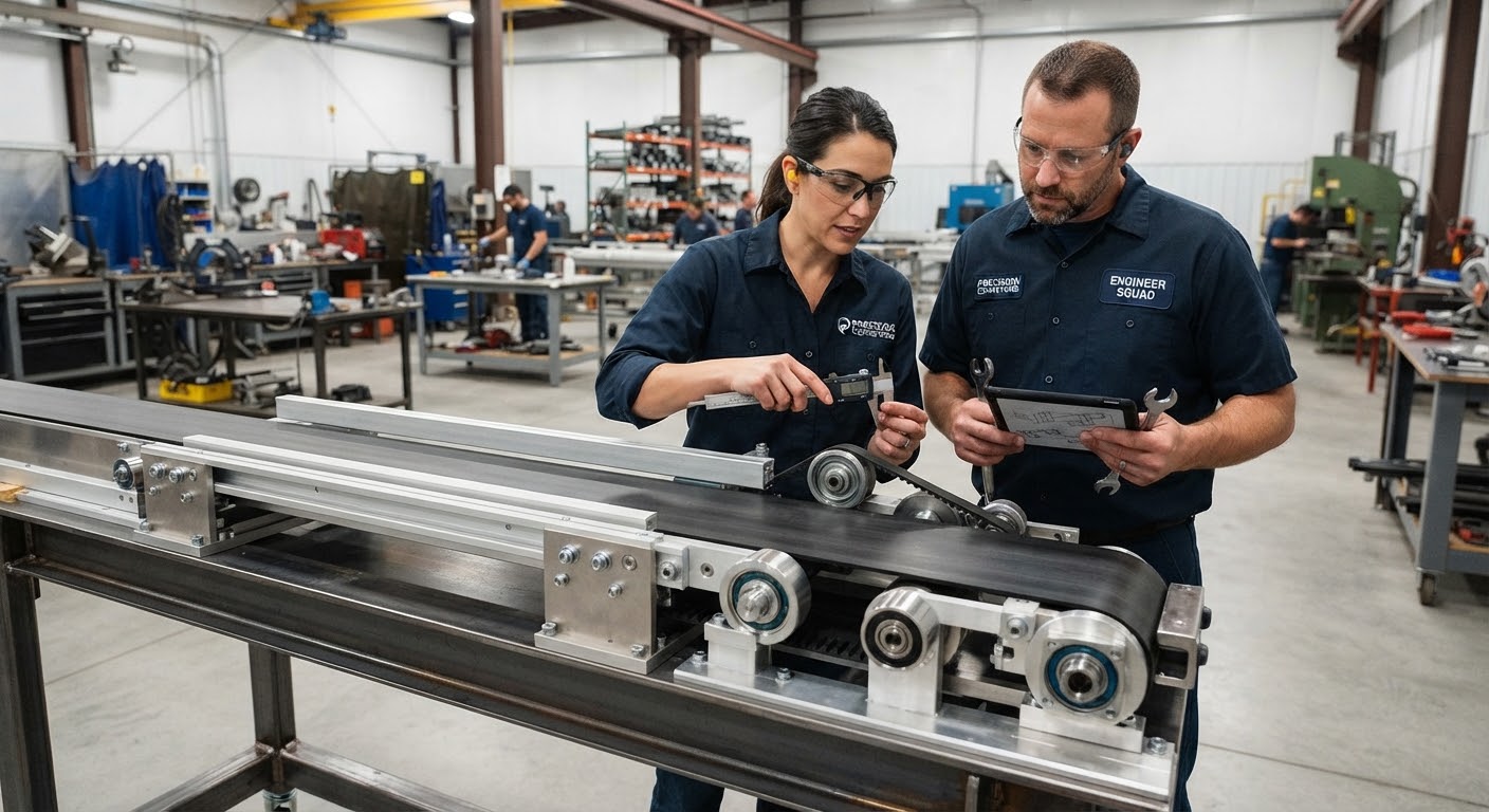 A sharp, detailed photograph of engineers in an industrial workshop meticulously inspecting a newly fabricated…
