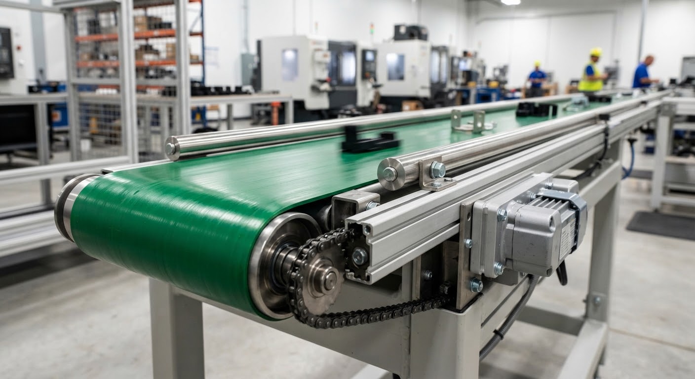 A close-up, high-contrast image of a green PVC conveyor belt system operating in a clean manufacturing plant