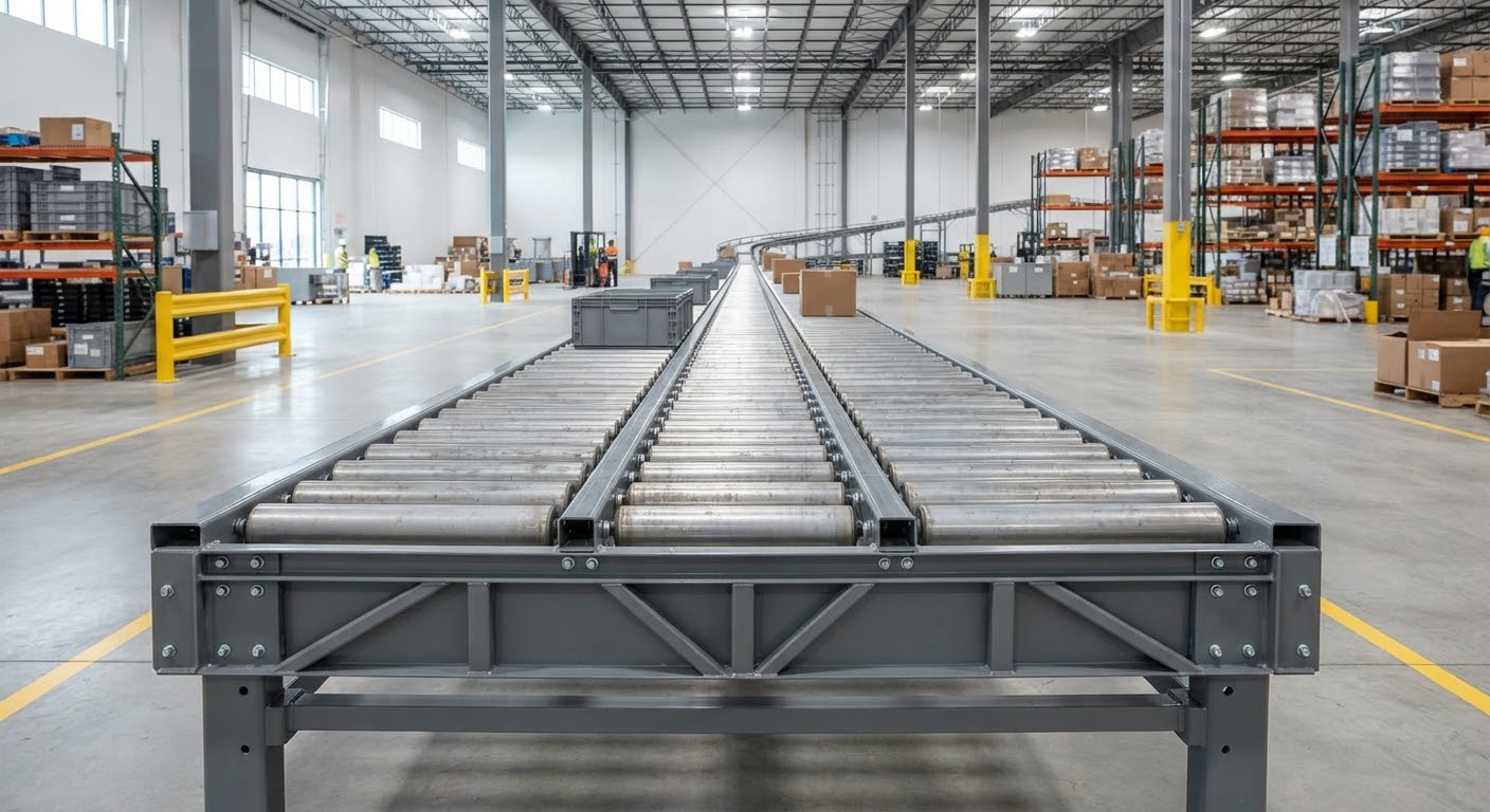A detailed shot of a heavy-duty roller conveyor system