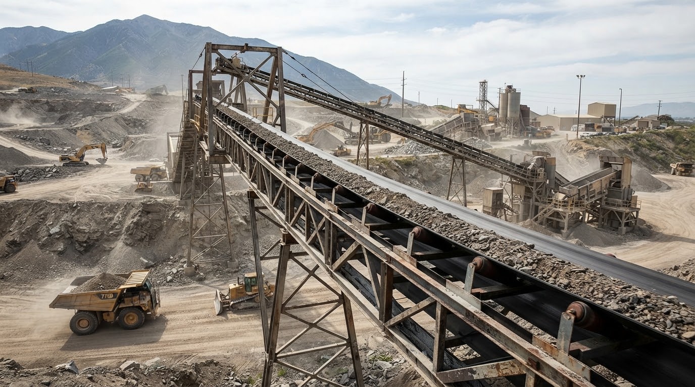 An imposing, wide view of a massive black rubber conveyor belt carrying raw aggregate materials in an outdoor…