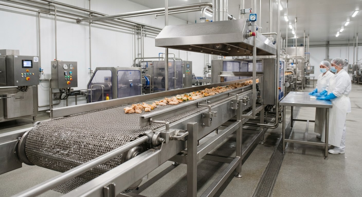 Industrial wire mesh conveyor belt in a food processing facility, stainless steel construction, clean and sanitary…