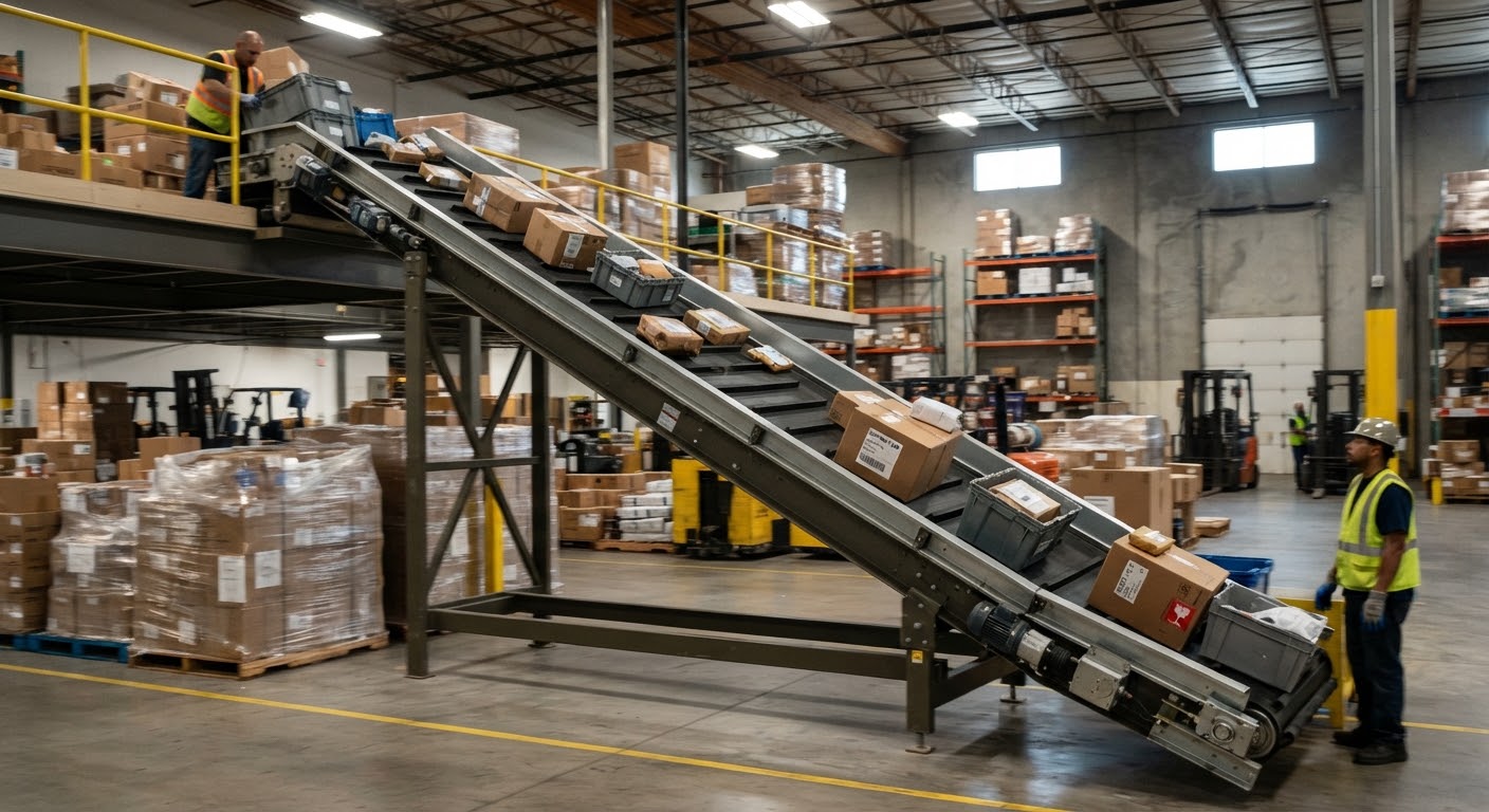 A steep incline cleated conveyor belt moving materials upwards in a warehouse setting