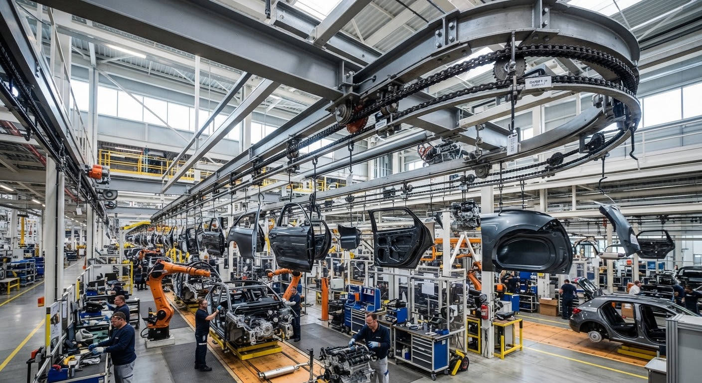 Overhead chain conveyor system moving automotive parts through an assembly line